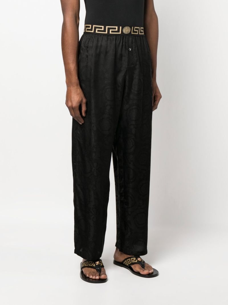 Black Greca Pattern Straight Leg Trousers