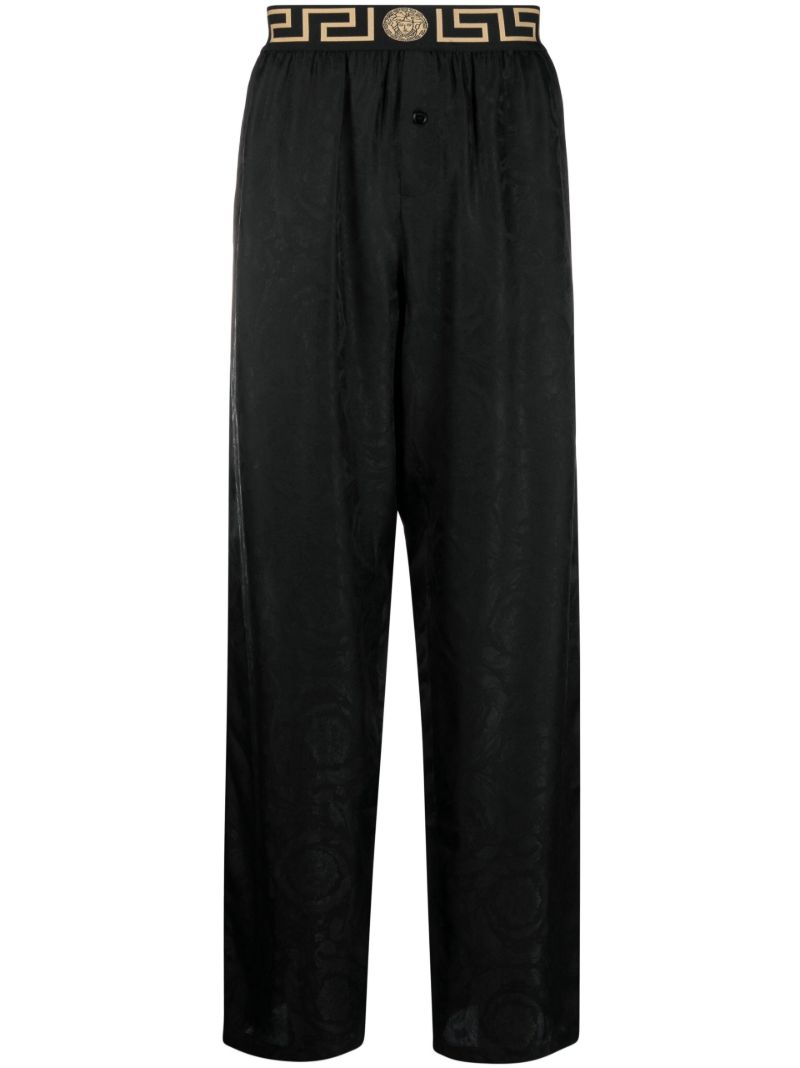 Black Greca Pattern Straight Leg Trousers