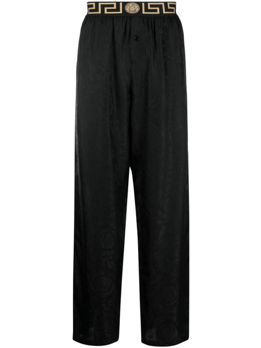 Black Greca Pattern Straight Leg Trousers