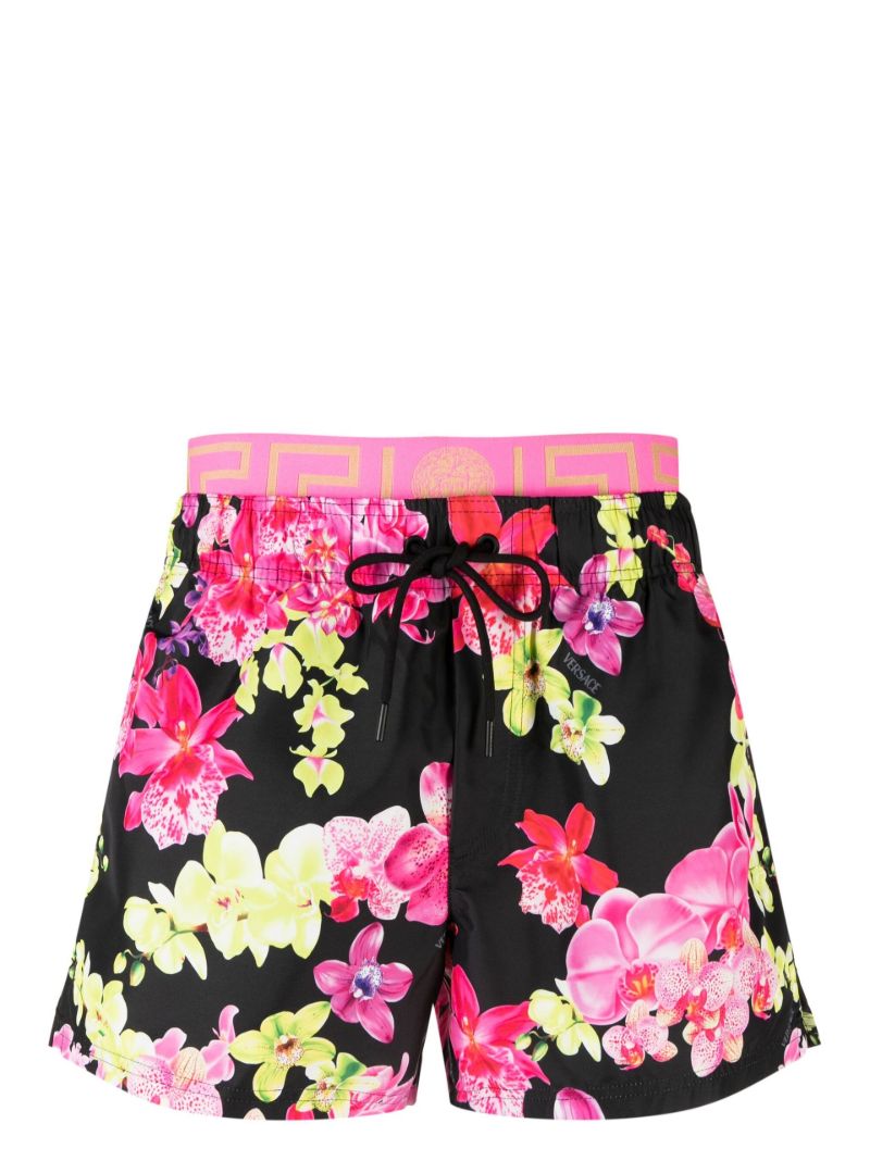 Black Floral Print Swim Shorts