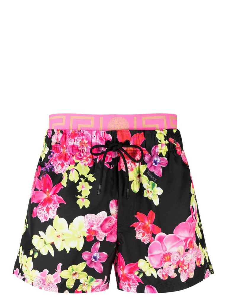 Black Floral Print Swim Shorts