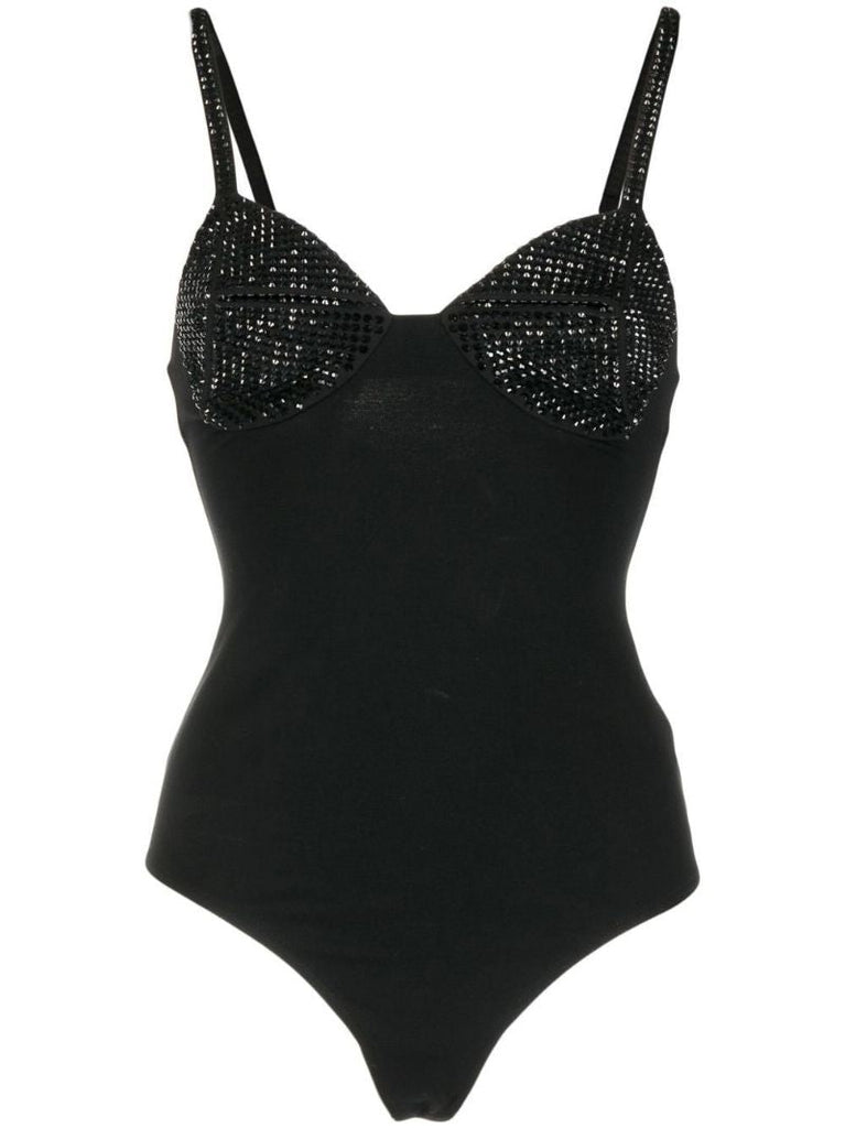Black Crystal Embellished Bustier Bodysuit