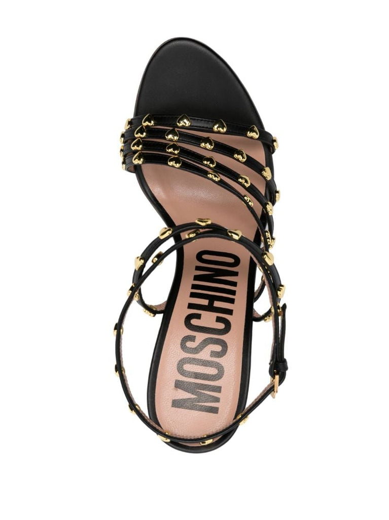 Black Leather Heart Embellished Sandals