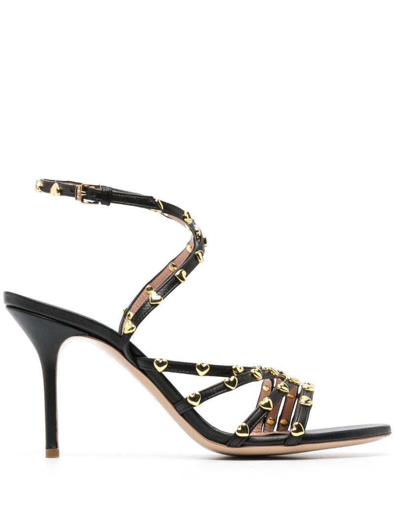 Black Leather Heart Embellished Sandals