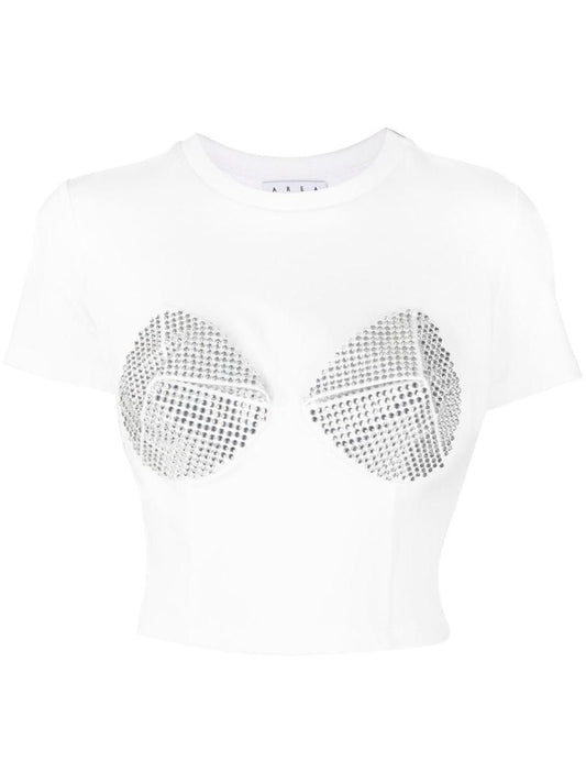White Embellished Cup Detail Cropped T-shirt