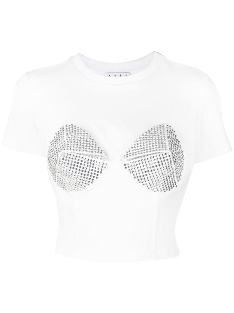 White Embellished Cup Detail Cropped T-shirt