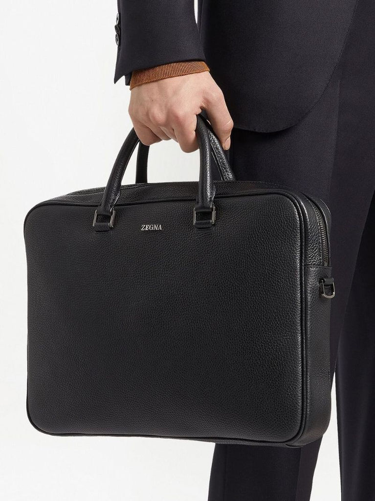 Black Logo Grained Leather Messenger Bag
