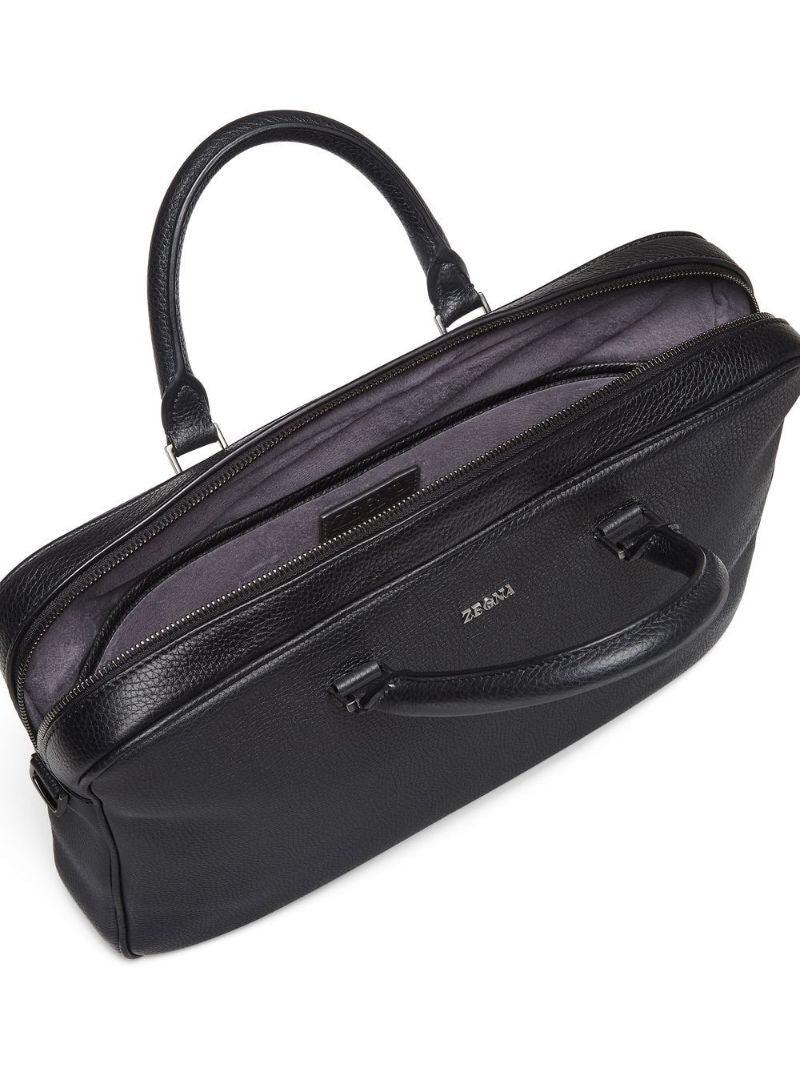 Black Logo Grained Leather Messenger Bag