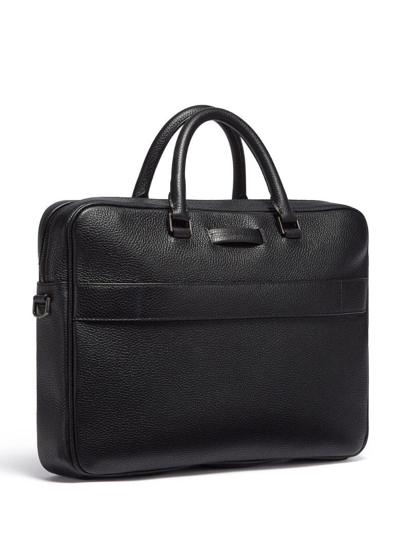 Black Logo Grained Leather Messenger Bag