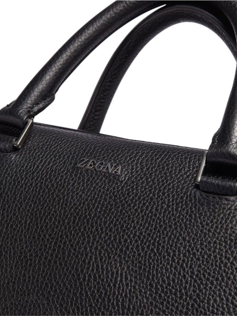 Black Logo Grained Leather Messenger Bag