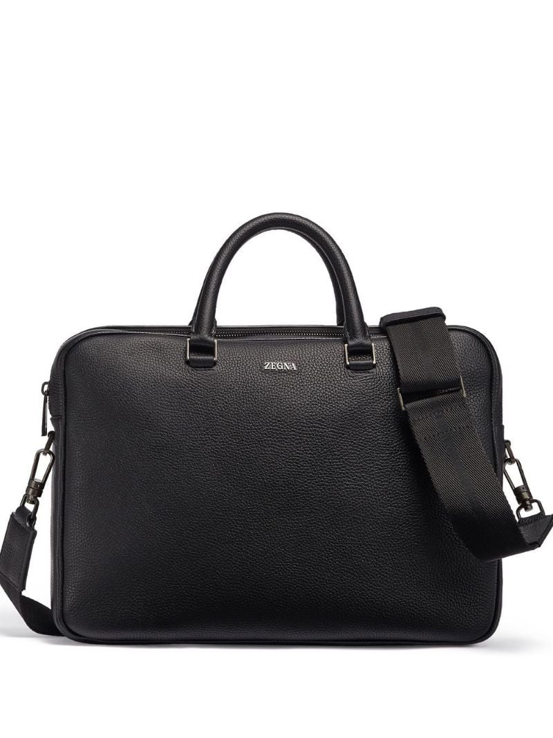 Black Logo Grained Leather Messenger Bag
