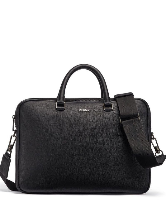 Black Logo Grained Leather Messenger Bag