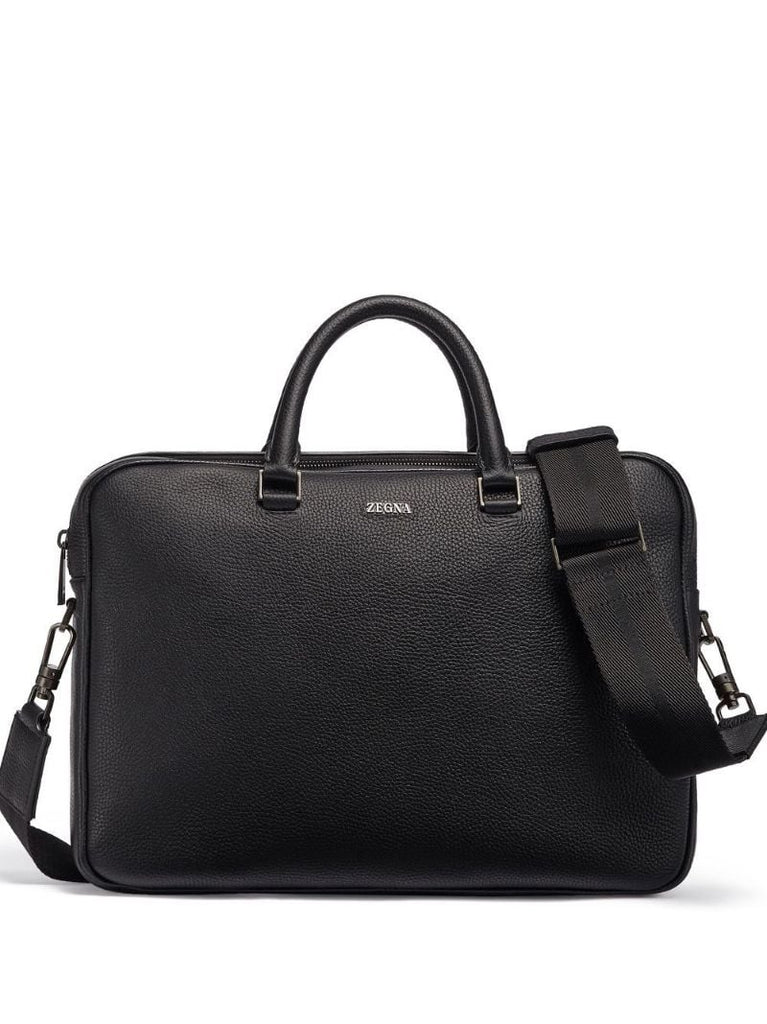 Black Logo Grained Leather Messenger Bag