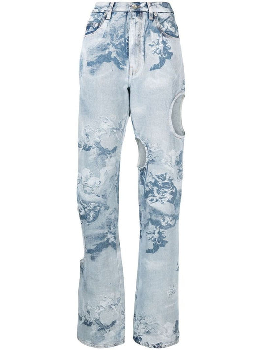 Blue Printed Cut-out Straight-leg Jeans