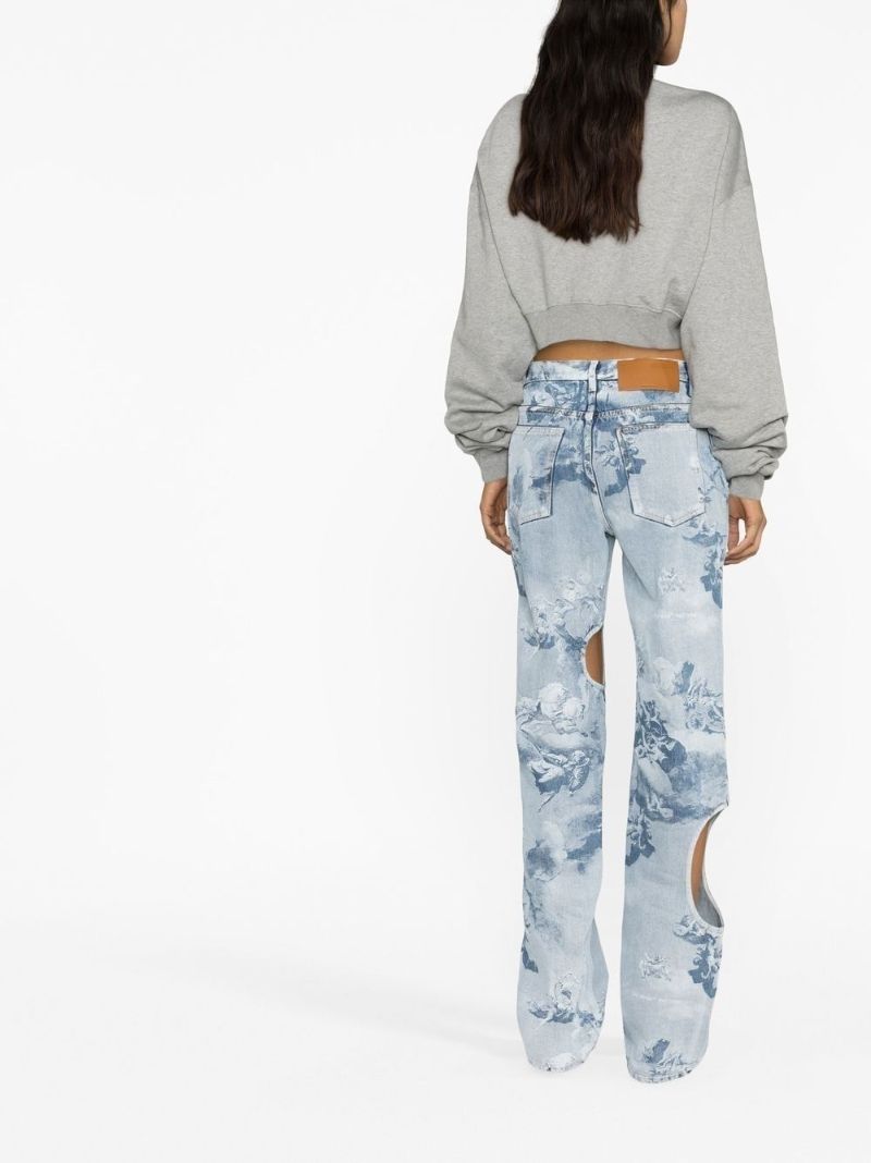 Blue Printed Cut-out Straight-leg Jeans