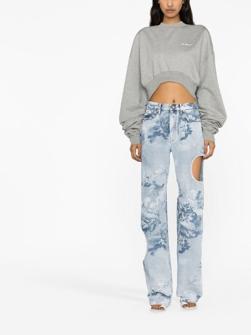Blue Printed Cut-out Straight-leg Jeans