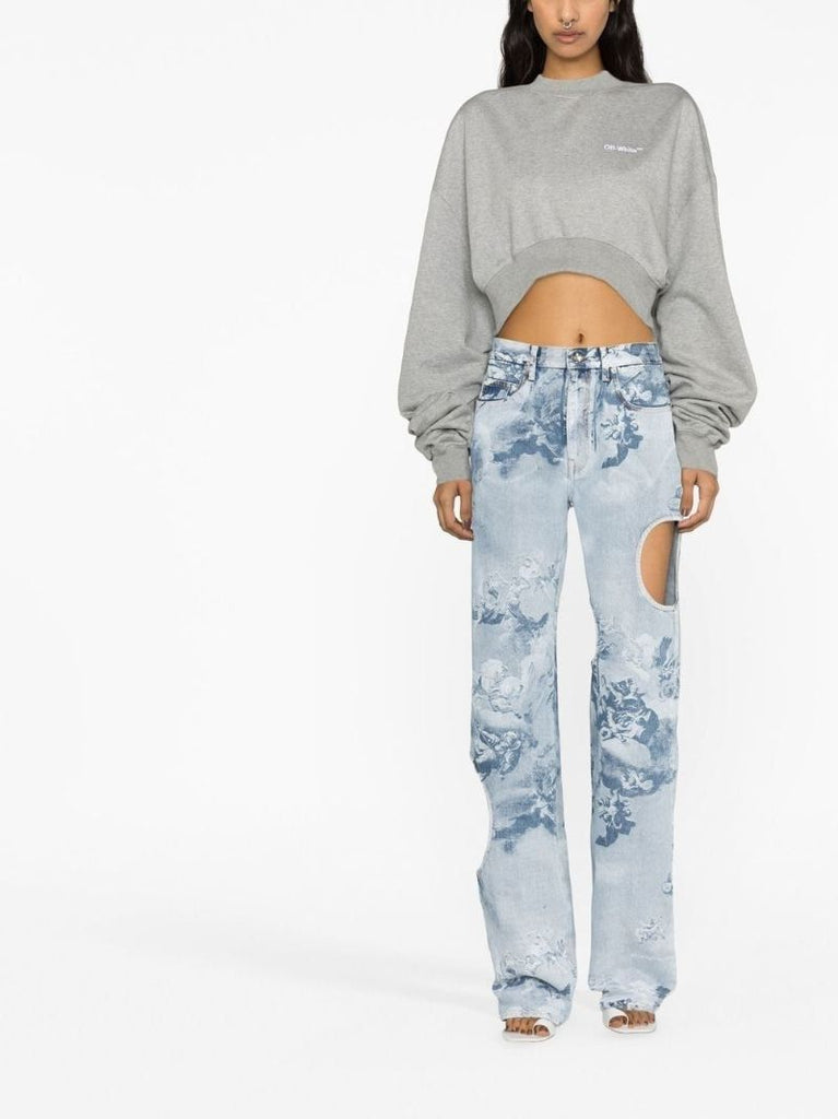 Blue Printed Cut-out Straight-leg Jeans