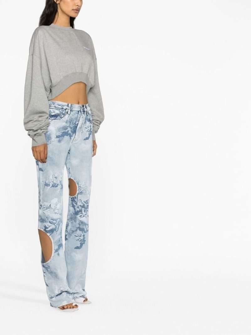 Blue Printed Cut-out Straight-leg Jeans