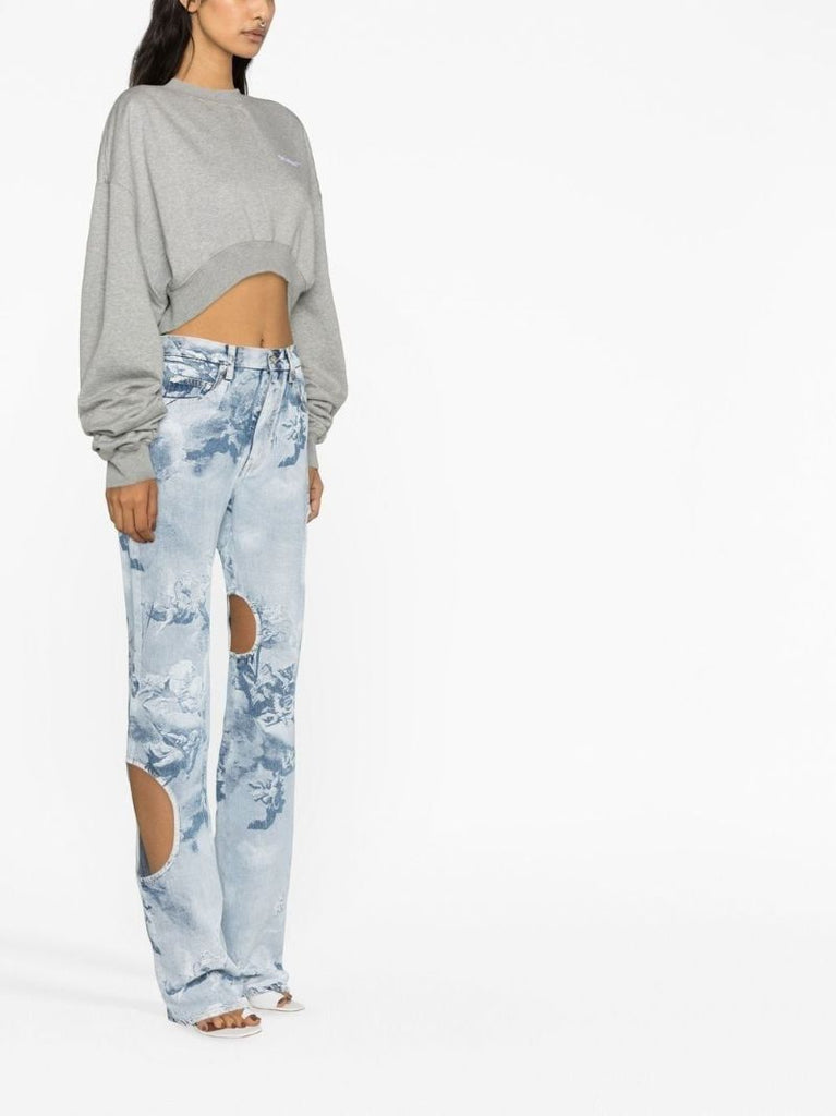 Blue Printed Cut-out Straight-leg Jeans