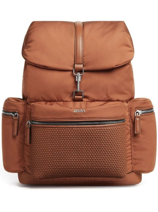 Brown Leather-trim Padded Backpack