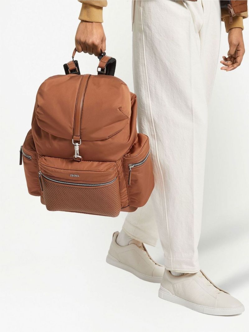 Brown Leather-trim Padded Backpack