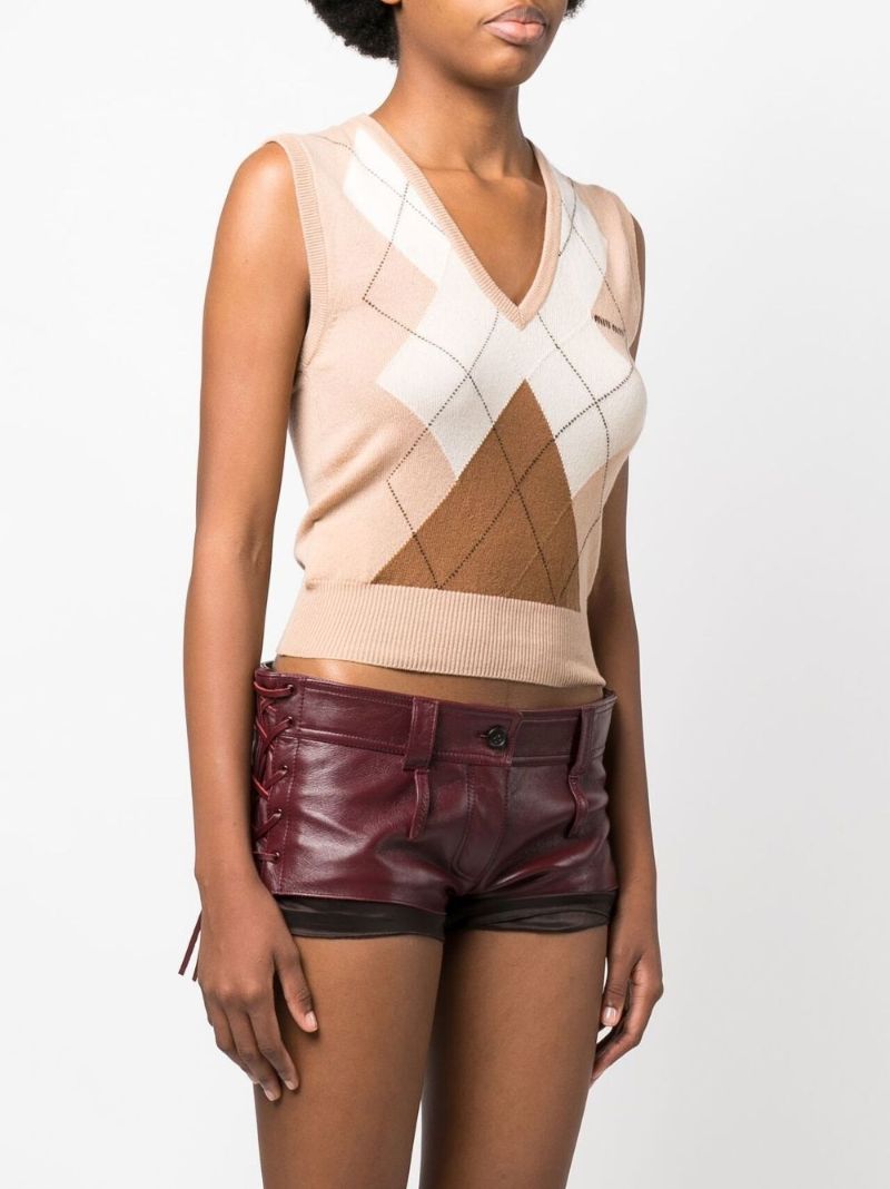 Neutral Argyle Check Print Cropped Cashmere Vest