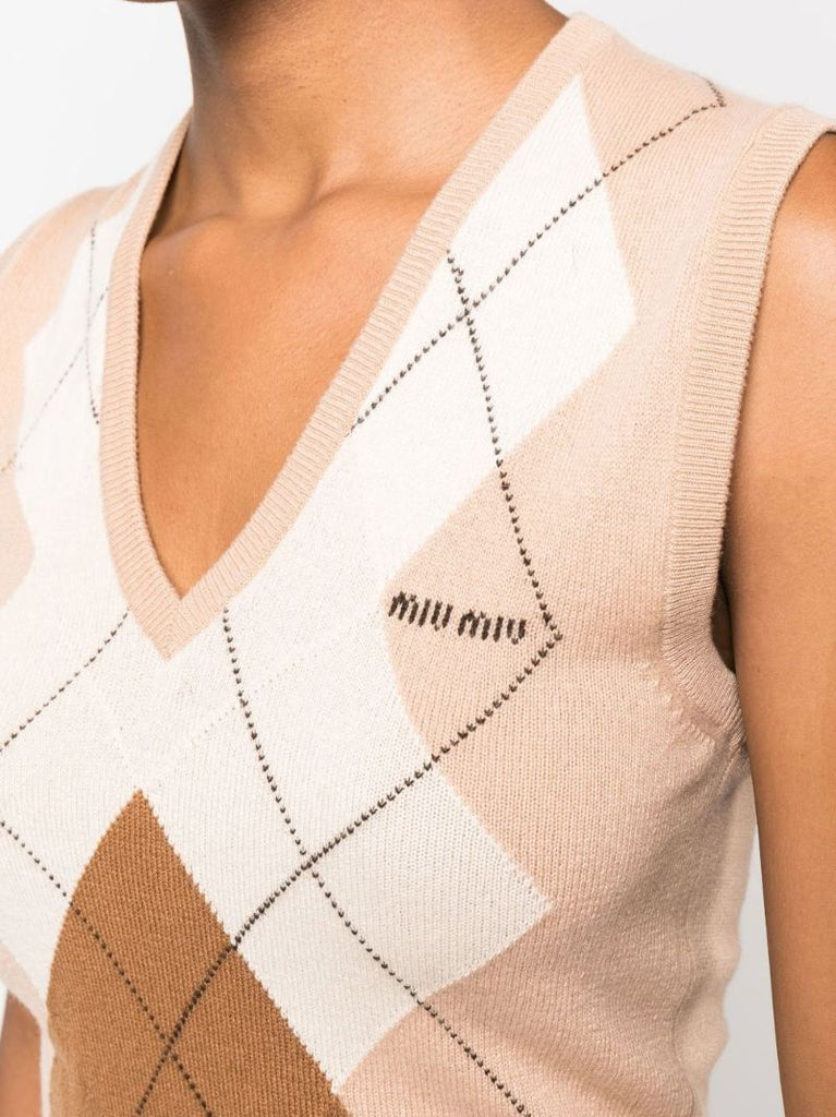 Neutral Argyle Check Print Cropped Cashmere Vest