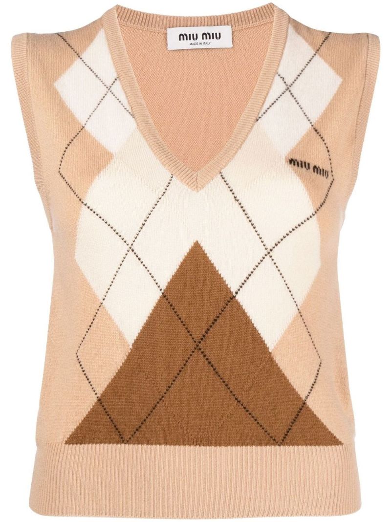 Neutral Argyle Check Print Cropped Cashmere Vest