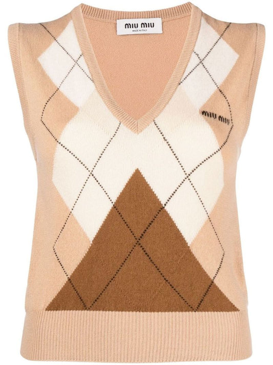 Neutral Argyle Check Print Cropped Cashmere Vest