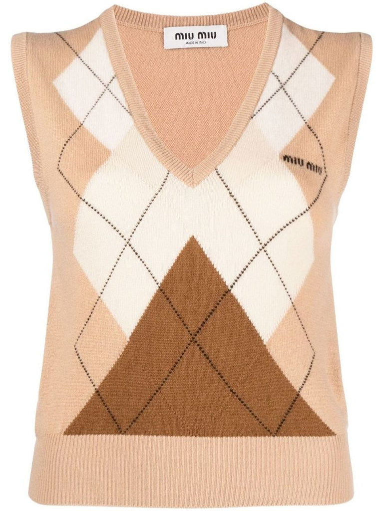 Neutral Argyle Check Print Cropped Cashmere Vest