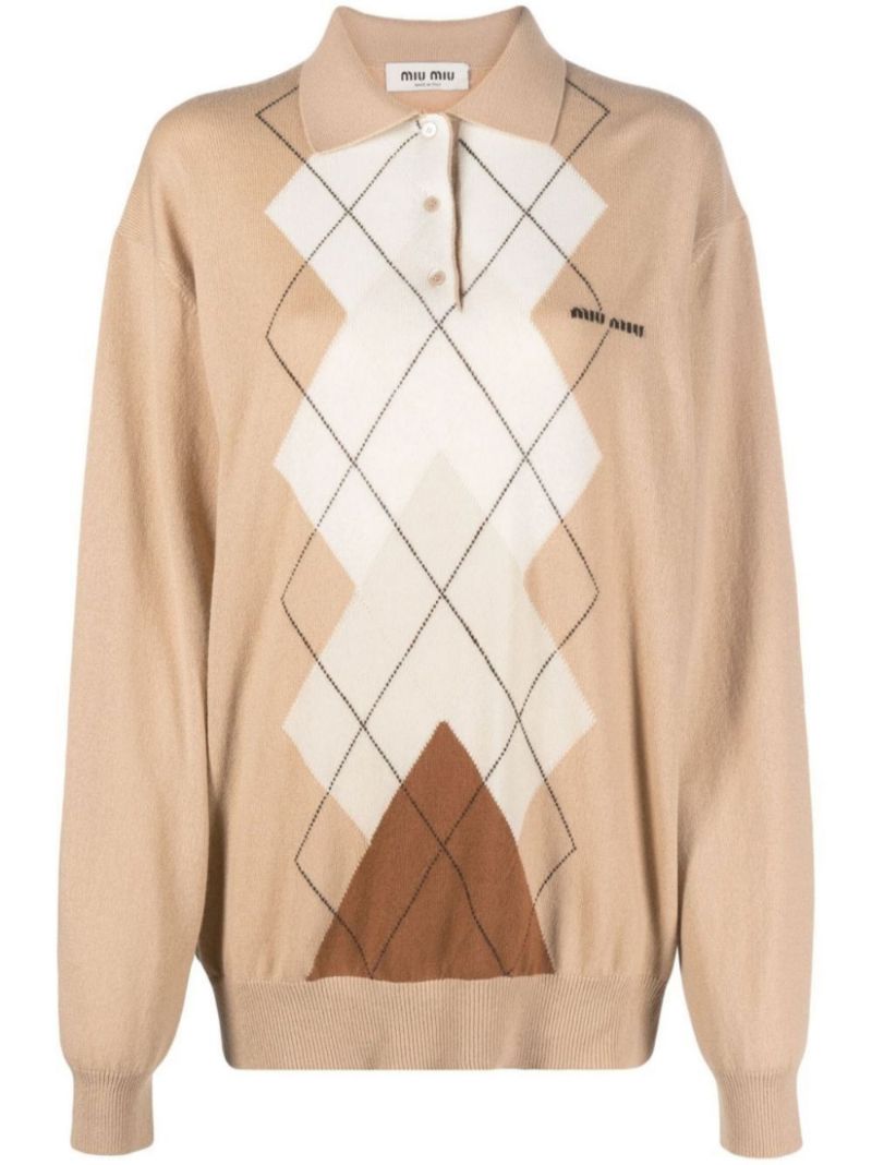 Neutral Intarsia Cashmere Polo Sweater