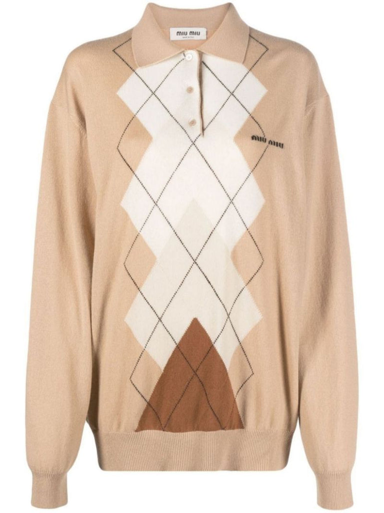 Neutral Intarsia Cashmere Polo Sweater