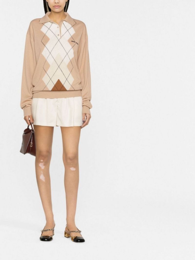 Neutral Intarsia Cashmere Polo Sweater