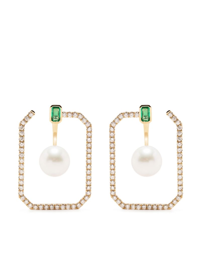18k Yellow Golf Pearl and Diamond Hoop Earrings