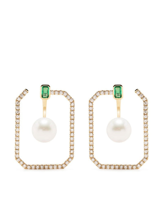 18k Yellow Golf Pearl and Diamond Hoop Earrings