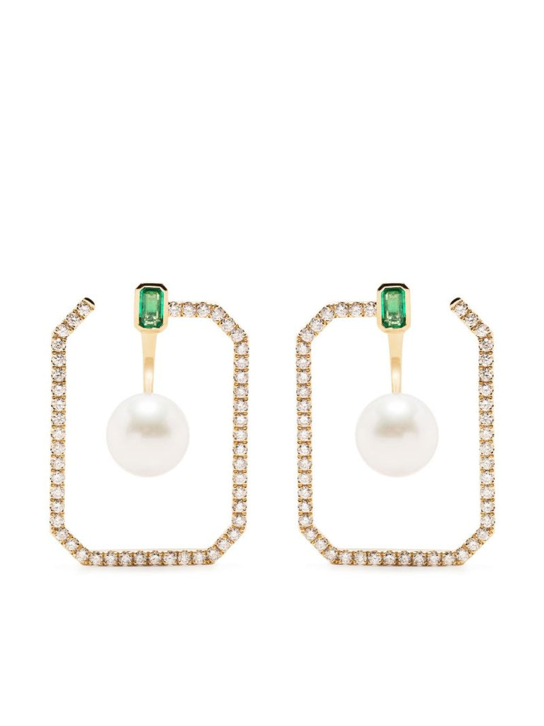18k Yellow Golf Pearl and Diamond Hoop Earrings