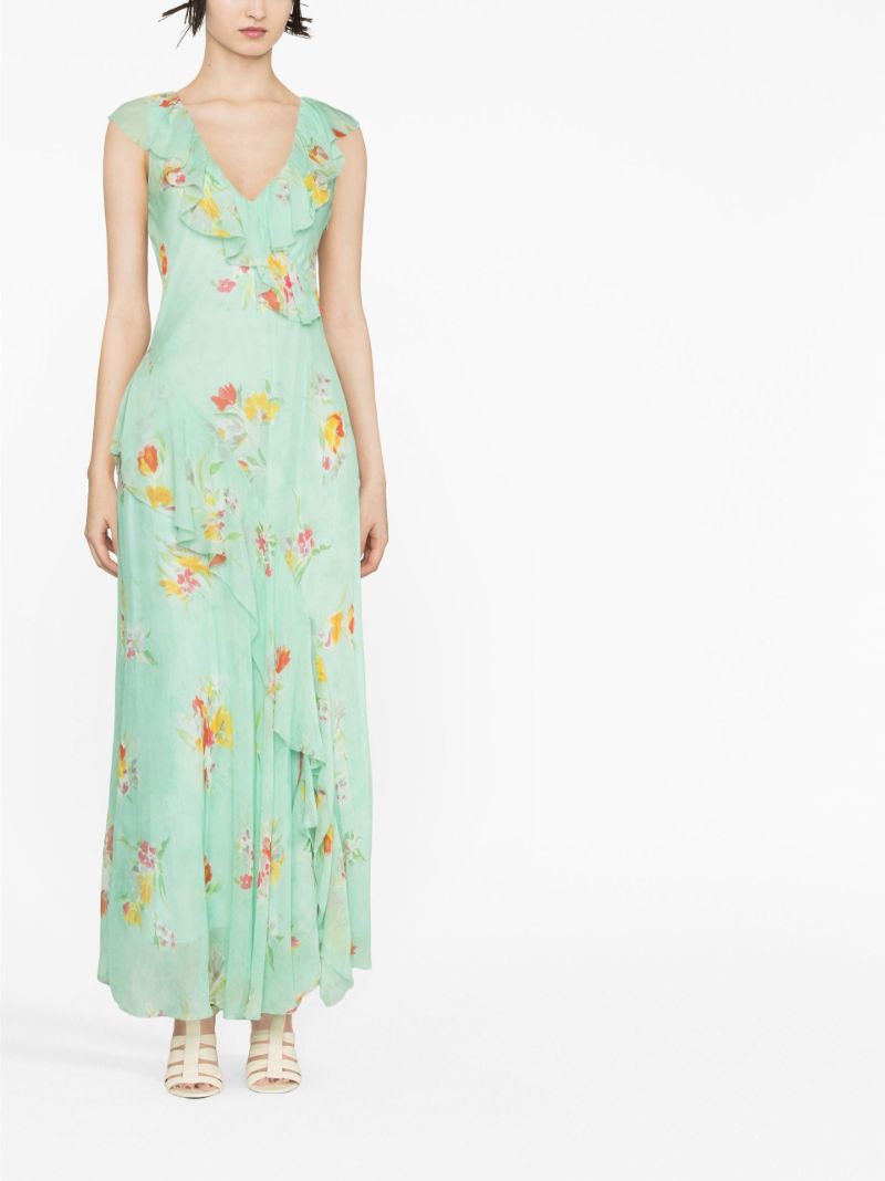 Green Floral Print Ruffled Maxi Dress