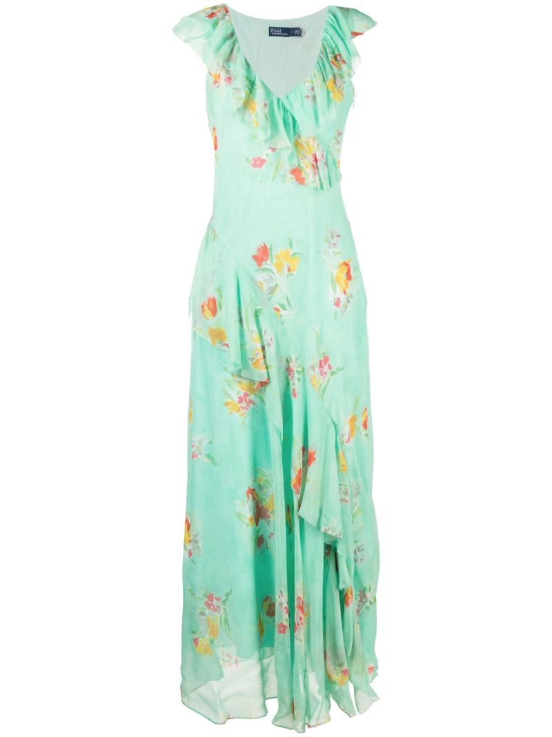 Green Floral Print Ruffled Maxi Dress