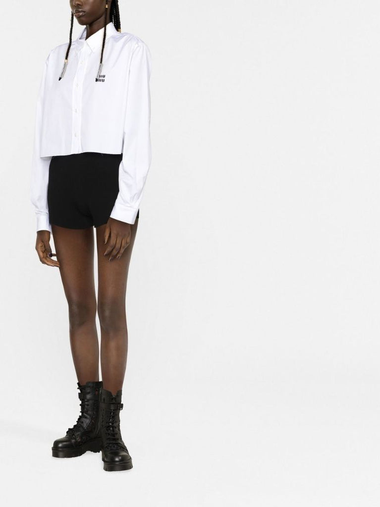 White Cropped Embroidered Logo Poplin Shirt