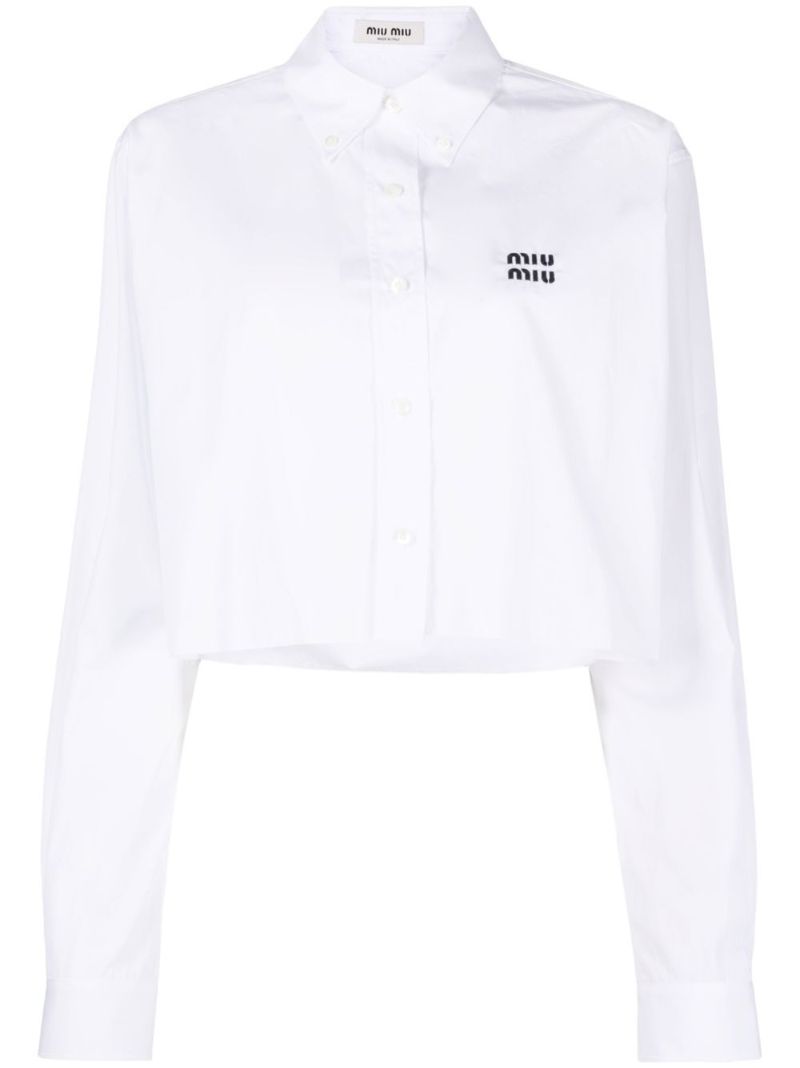White Cropped Embroidered Logo Poplin Shirt