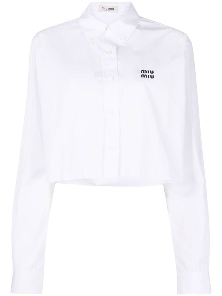 White Cropped Embroidered Logo Poplin Shirt