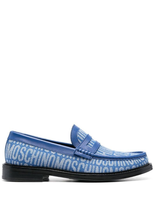 Blue Logo Jacquard Leather Loafers