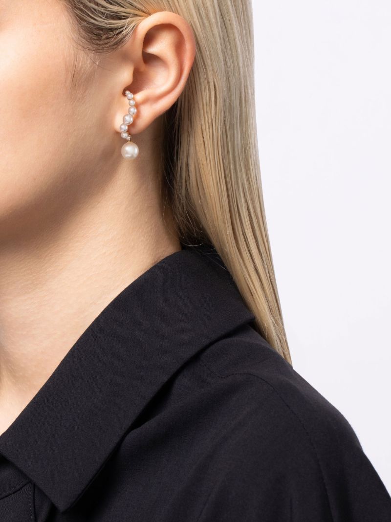 14k Yellow Gold Curve Pearl Drop Earrings