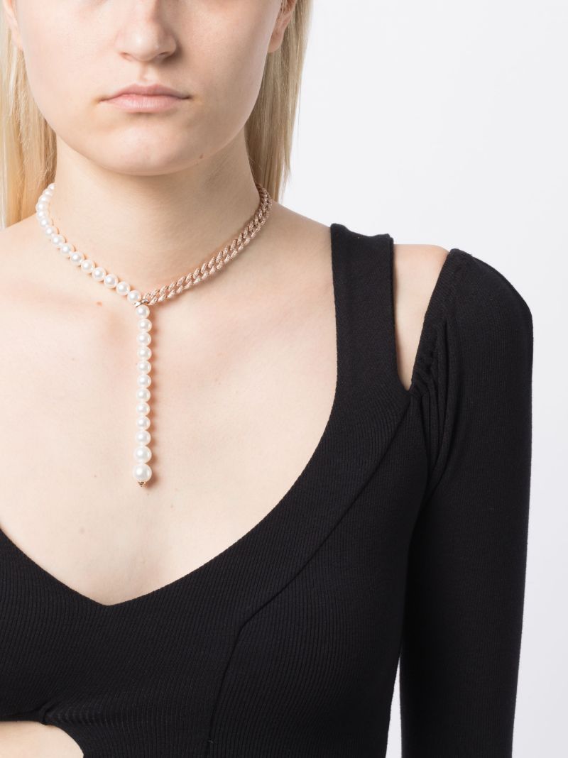 18k Rose Gold Split Lariat Pearl and Diamond Necklace