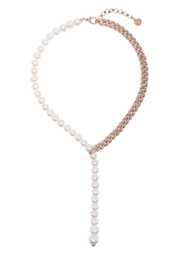 18k Rose Gold Split Lariat Pearl and Diamond Necklace