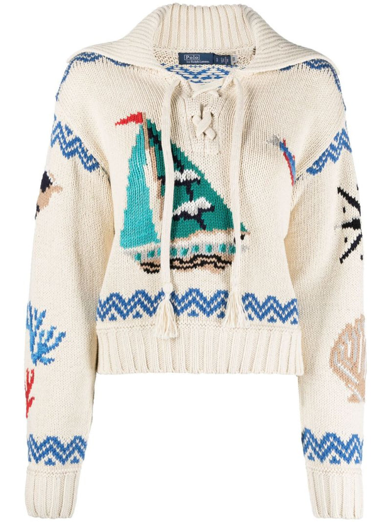 Cream Intarsia Spread-collar Jumper