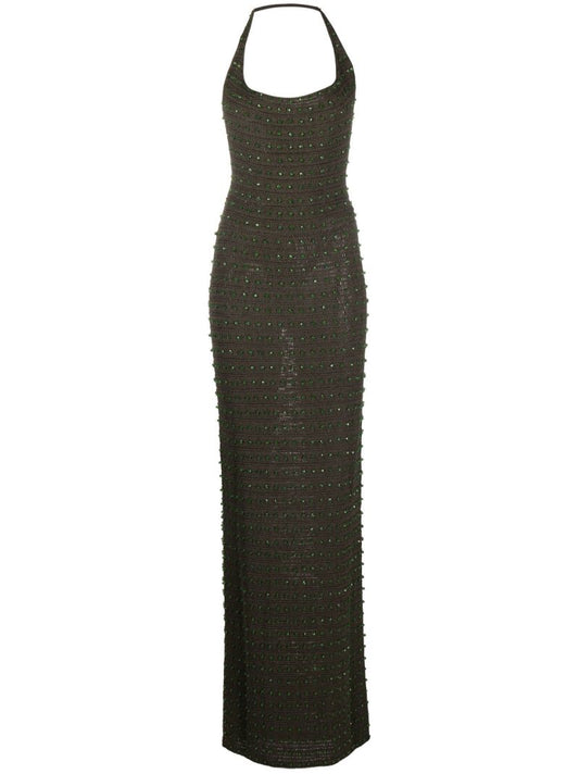 Green Erzu Crochet Crystal Maxi Dress