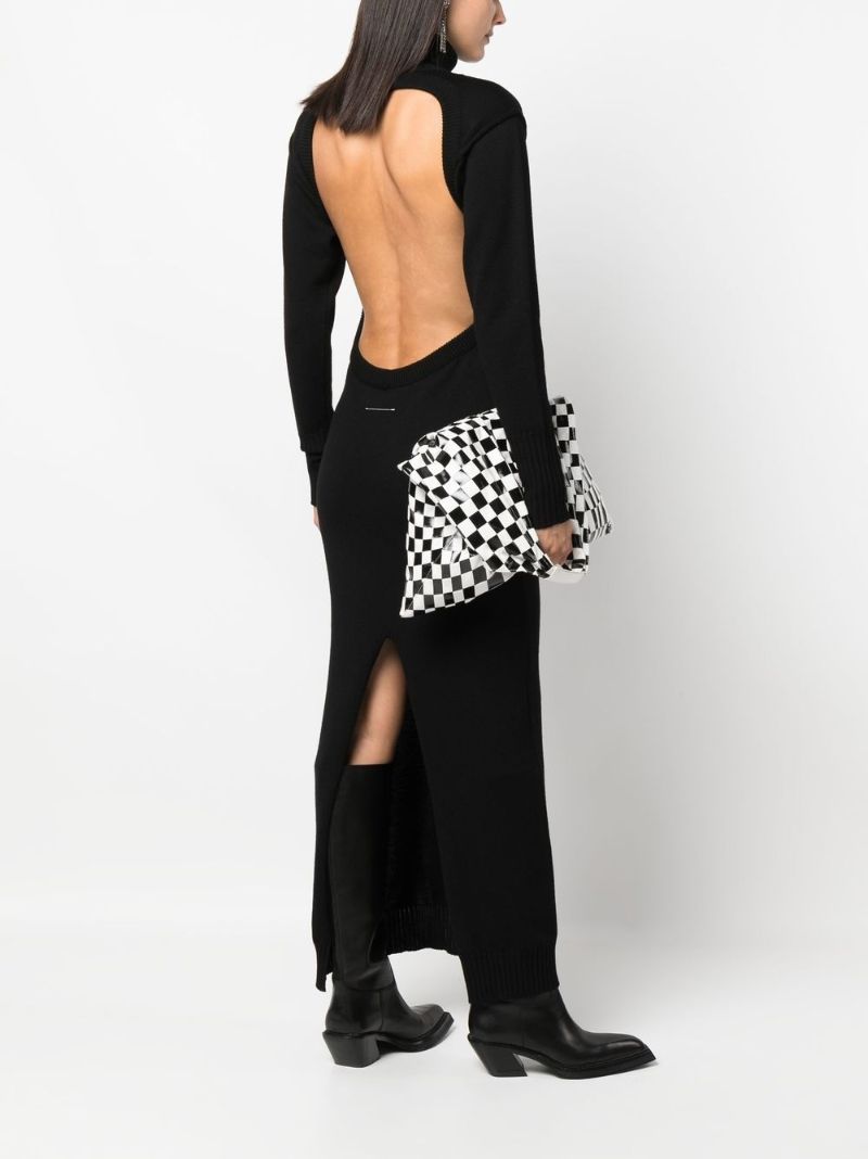 Black Backless Long Sleeved Wool Maxi Dress