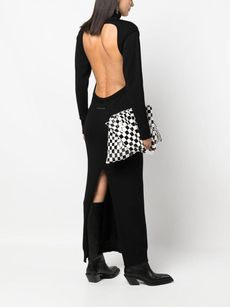 Black Backless Long Sleeved Wool Maxi Dress