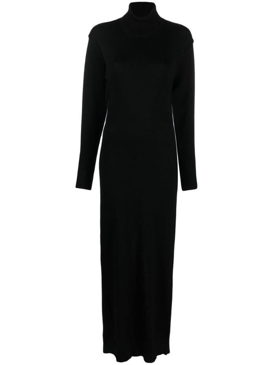 Black Backless Long Sleeved Wool Maxi Dress